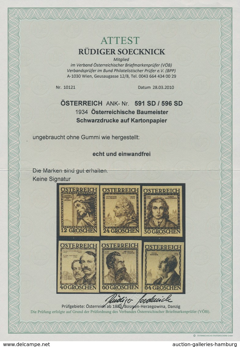 Österreich: 1934, Baumeister Ungezähnt In Schwarz Auf Ungummiertem Kartonpapier, Komplett 6 Werte In - Ungebraucht
