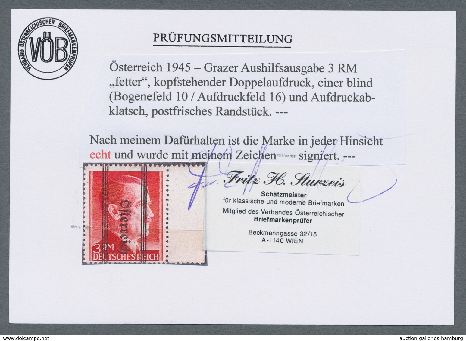 Österreich: 1945, "3 Mk. Mit Kopfstehendem Doppelaufdruck, Davon Einer Als Blindaufdruck", Postfrisc - Ungebraucht