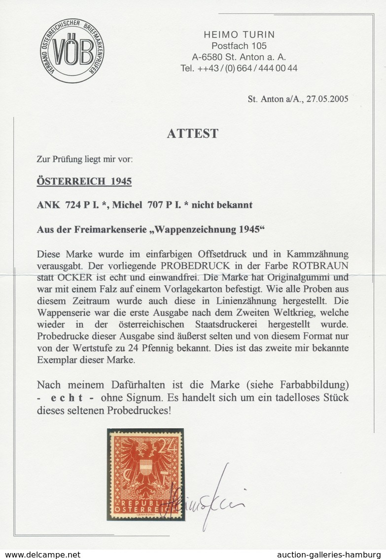 Österreich: 1945, Freimarken "Wappen, 24 Pfg. Als Probedruck In Rotbraun Und In Linienzähnung, Auf G - Ungebraucht