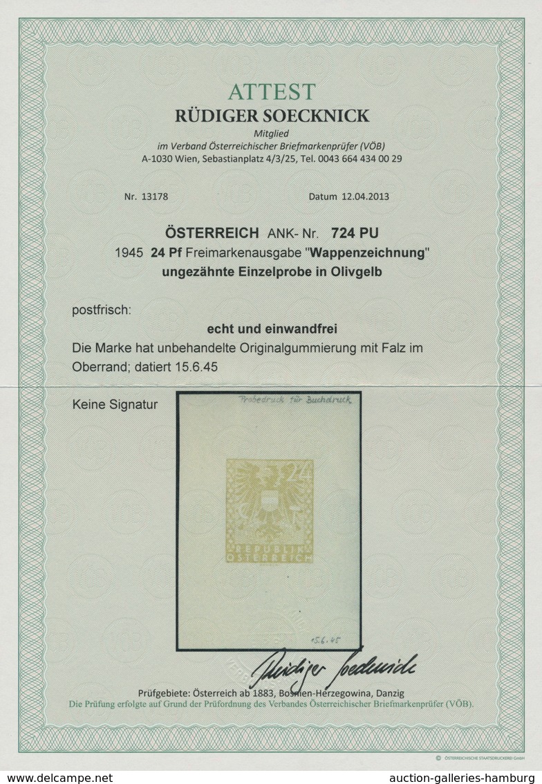 Österreich: 1945, Freimarke 24 Pfennig Wappen-Ausgabe Ungezähnte Einzel-Farbprobe In Olivgelb Im Kle - Ungebraucht