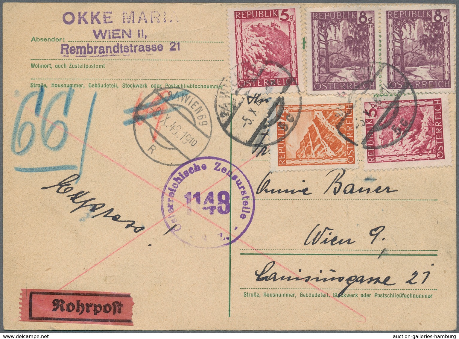 Österreich: 1946, 4 Gr, 2 X 5 Gr Und 2 X 8 Gr "Landschaften" Auf überklebter 5 Rpf Ganzsachenkarte H - Ungebraucht