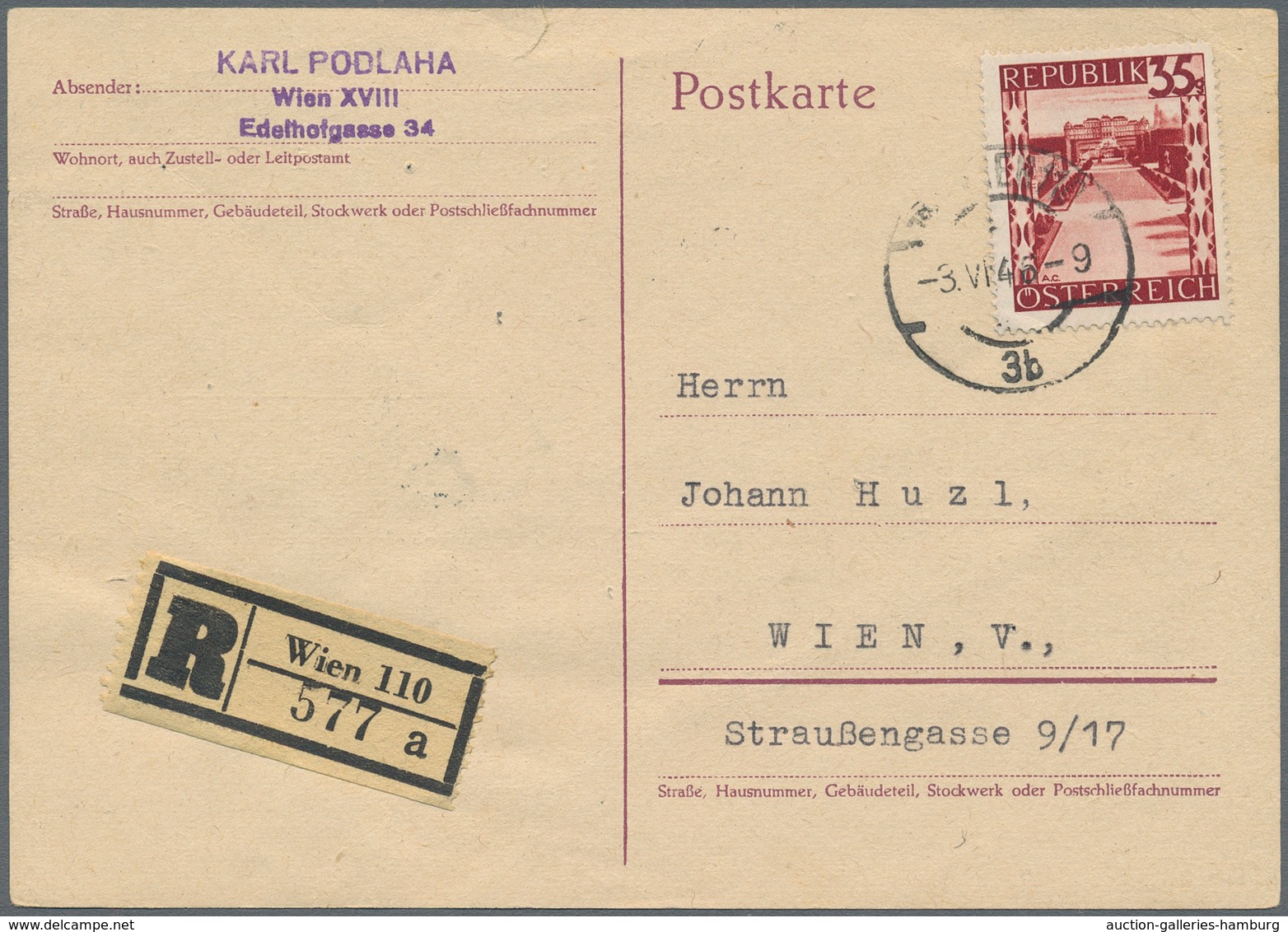 Österreich: 1945, 35 Gr Bräunlichkarmin "Landschaften" Auf überklebter 15 Rpf Ganzsachenkarte Hitler - Ungebraucht