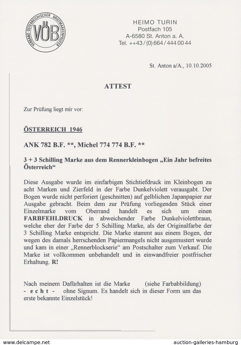 Österreich: 1946, Renner Geschnitten, 3 Sch. + 3 Sch. In Abweichender Farbe "DUNKELVIOLETTBRAUN" Sow - Ungebraucht