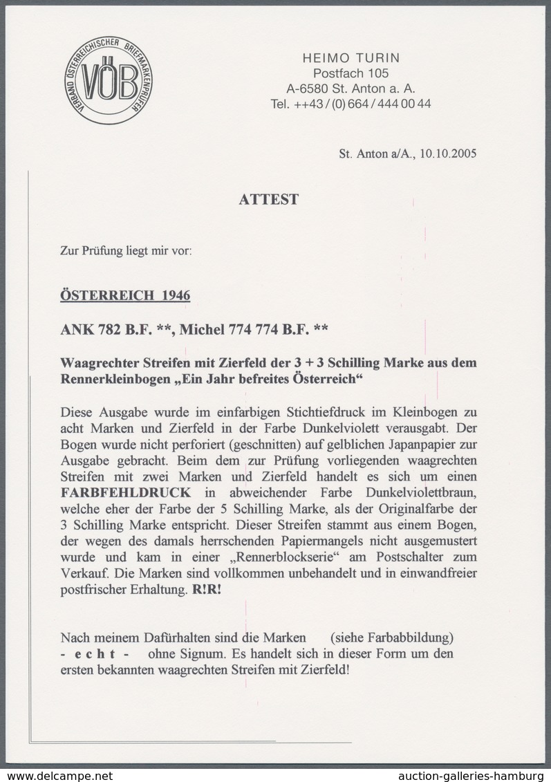 Österreich: 1946, Renner Geschnitten, 3 Sch. + 3 Sch. In Abweichender Farbe "DUNKELVIOLETTBRAUN" Sow - Ungebraucht