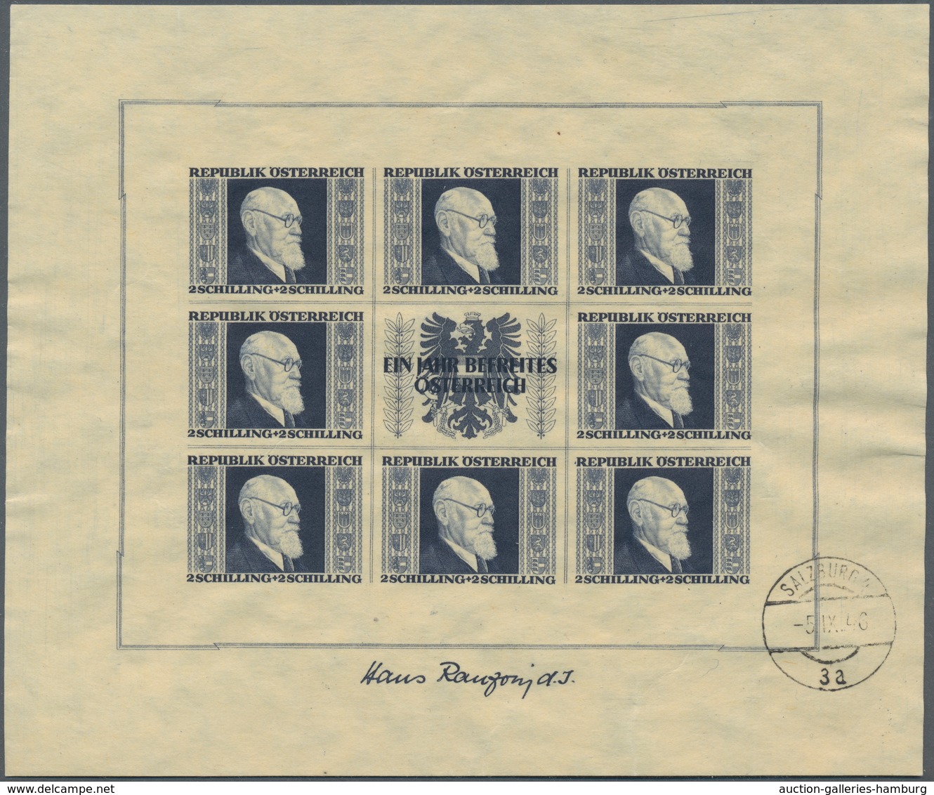 Österreich: 1946, 1 S, 2 S, 3 S und 5 S jeweils im Kleinbogen (sog. RENNER-Blocks) entwertet in der
