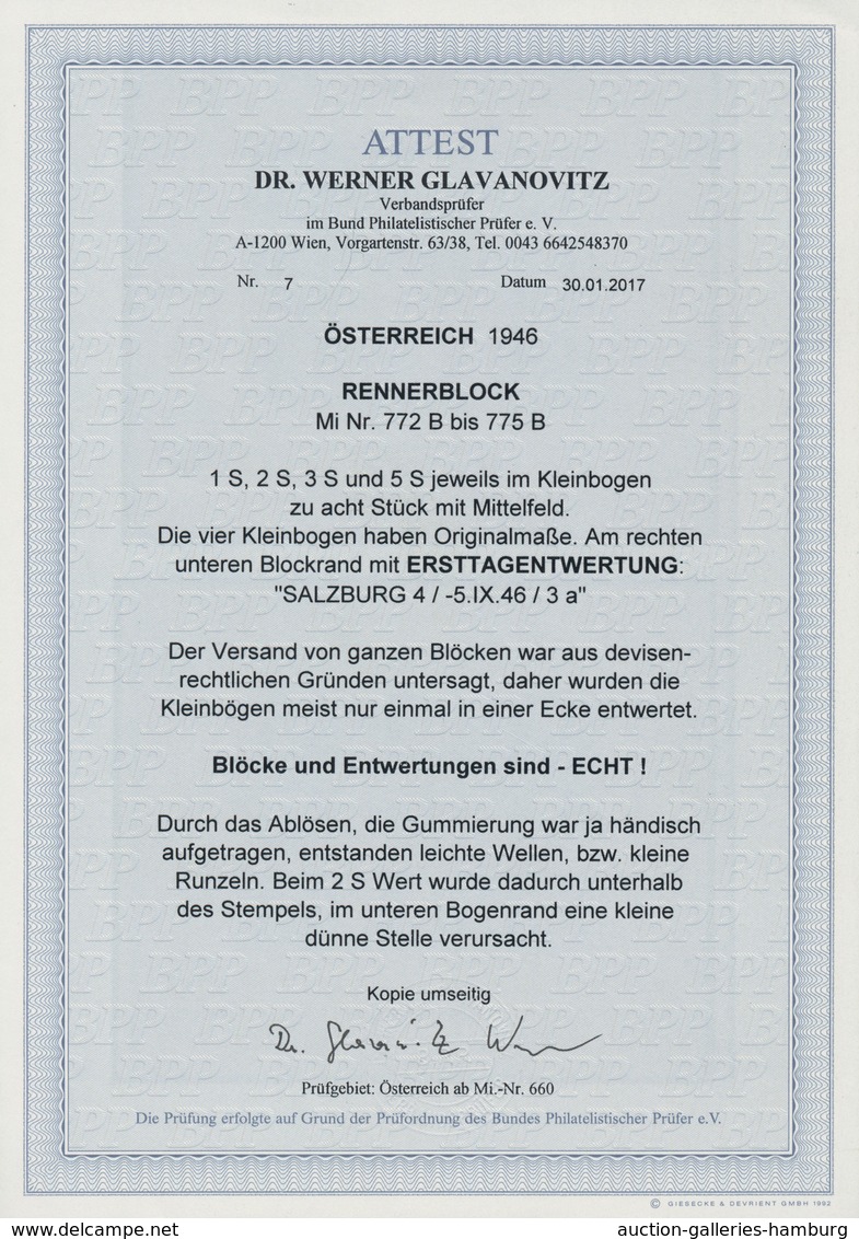 Österreich: 1946, 1 S, 2 S, 3 S und 5 S jeweils im Kleinbogen (sog. RENNER-Blocks) entwertet in der