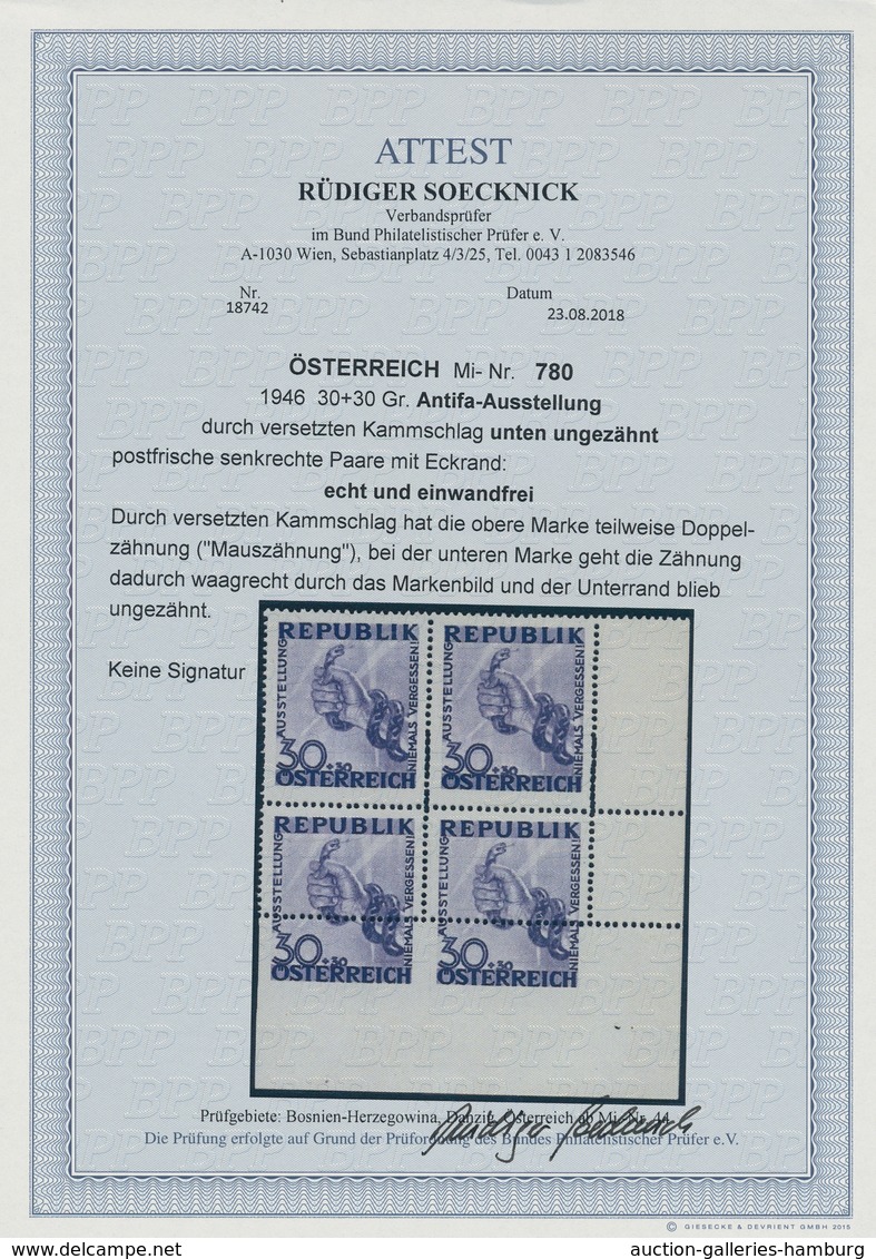 Österreich: 1946, 30 G "niemals Vergessen", Postfrischer Eckrand-Viererblock Rechts Unten Mit äußers - Ungebraucht
