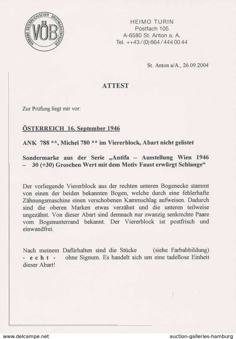 Österreich: 1946, 30 G "niemals Vergessen", Postfrischer Eckrand-Viererblock Rechts Unten Mit äußers - Ungebraucht