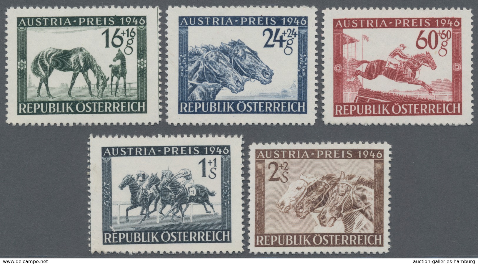 Österreich: 1946, Pferderennen "Austria-Preis", Kompletter Satz Von Fünf Werten Je Als Probedruck In - Ungebraucht