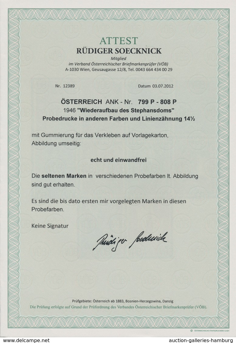Österreich: 1946, Stephansdom, Komplette Serie Von Zehn Werten Je Als Probedruck In Abweichenden Far - Ungebraucht