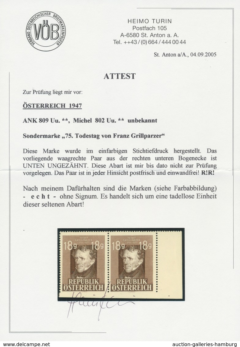 Österreich: 1947, 18 Gr. "75. Todestag Franz Grillparzer" Im Waagerechten Paar UNTEN UNGEZÄHNT Mit R - Ungebraucht