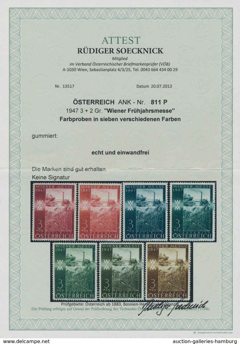 Österreich: 1947, 3 Gr. + 2 Gr. "Frühjahrsmesse", sieben verschiedene Farbproben, Linienzähnung 14½,