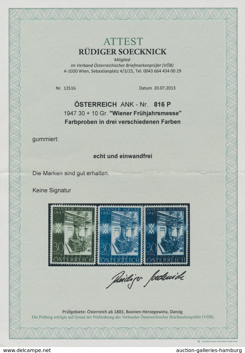 Österreich: 1947, 30 Gr. + 10 Gr. "Frühjahrsmesse", Drei Farbproben In Olivgrün, Stahlblau Und Schwa - Ungebraucht
