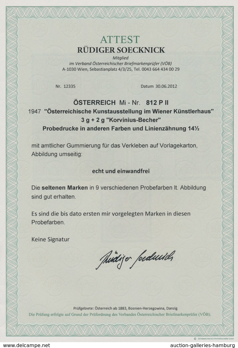 Österreich: 1947, 3 Gr. + 2 Gr. "Kunstausstellung", 19 verschiedene Farbproben in Linienzähnung 14½,