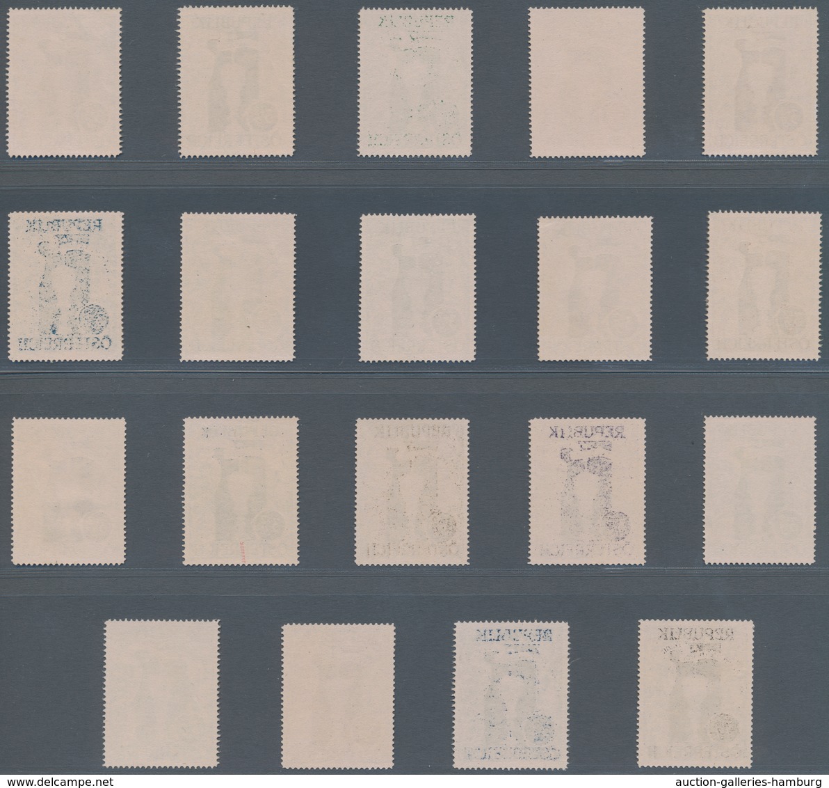 Österreich: 1947, 3 Gr. + 2 Gr. "Kunstausstellung", 19 (meist) verschiedene Farbproben in Linienzähn