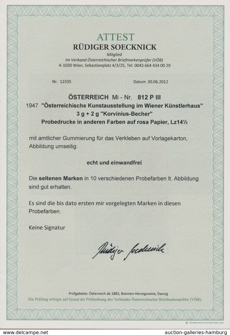 Österreich: 1947, 3 Gr. + 2 Gr. "Kunstausstellung", 19 (meist) verschiedene Farbproben in Linienzähn