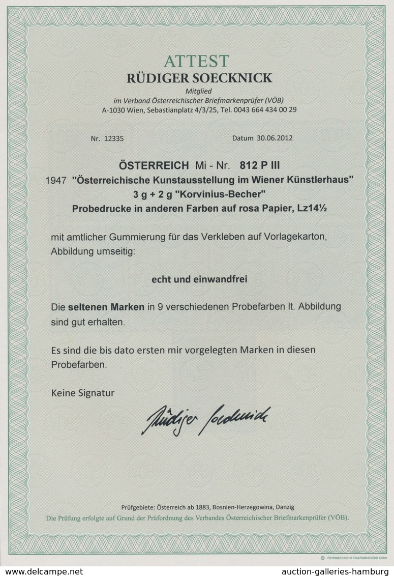 Österreich: 1947, 3 Gr. + 2 Gr. "Kunstausstellung", 19 (meist) verschiedene Farbproben in Linienzähn
