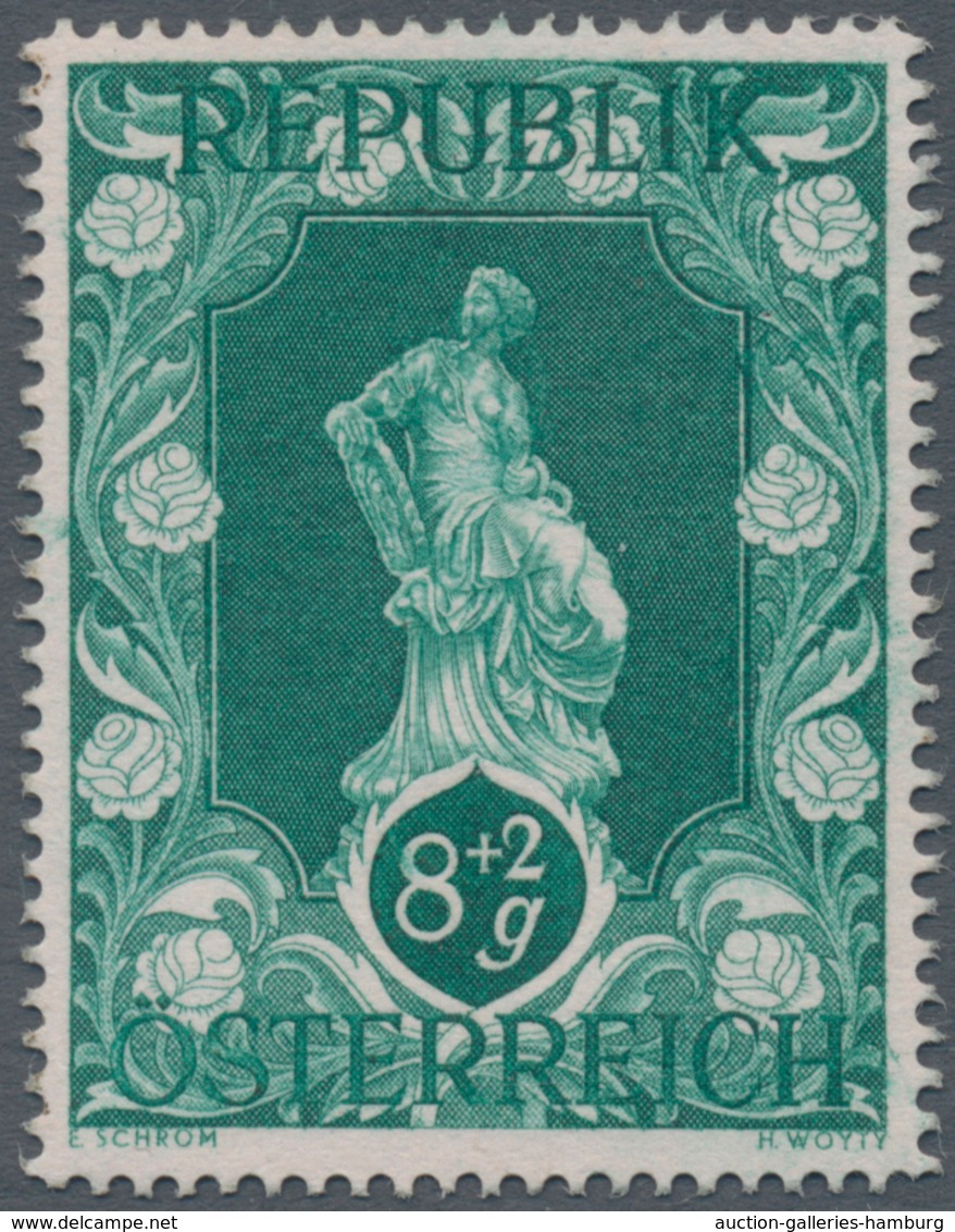 Österreich: 1947, 8 Gr. + 2 Gr. "Kunstausstellung", 18 (meist) verschiedene Farbproben in Linienzähn