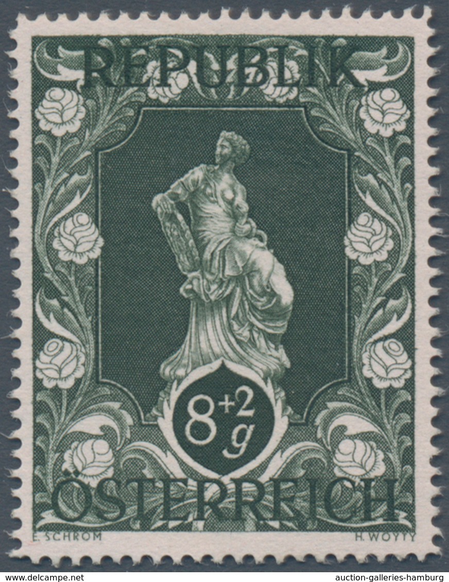 Österreich: 1947, 8 Gr. + 2 Gr. "Kunstausstellung", 18 (meist) verschiedene Farbproben in Linienzähn