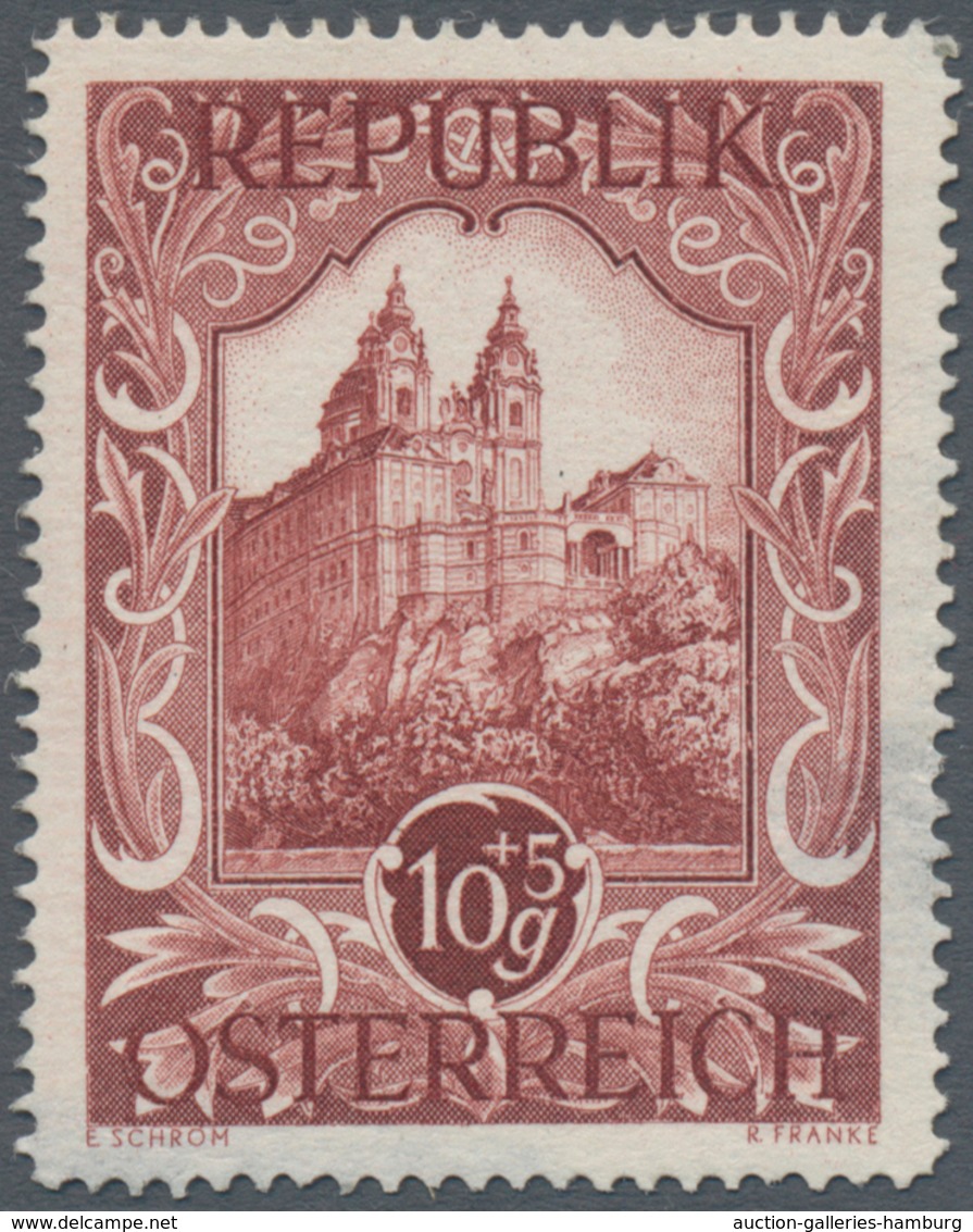 Österreich: 1947, 10 Gr. + 5 Gr. "Kunstausstellung", 18 verschiedene Farbproben in Linienzähnung 14½