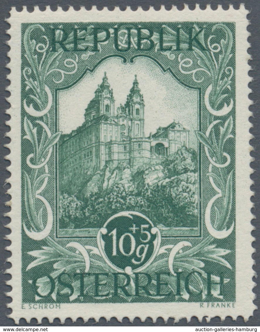 Österreich: 1947, 10 Gr. + 5 Gr. "Kunstausstellung", 18 verschiedene Farbproben in Linienzähnung 14½