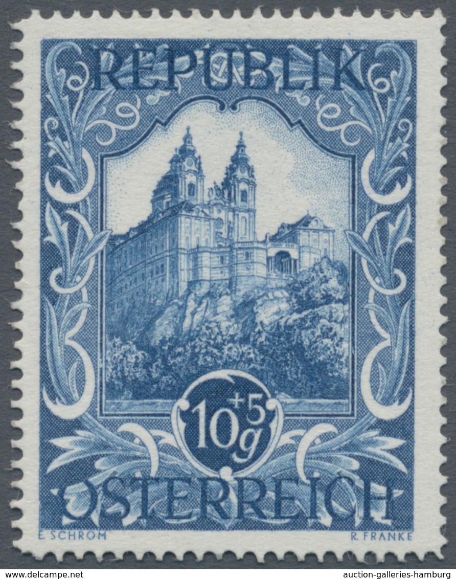 Österreich: 1947, 10 Gr. + 5 Gr. "Kunstausstellung", 18 verschiedene Farbproben in Linienzähnung 14½