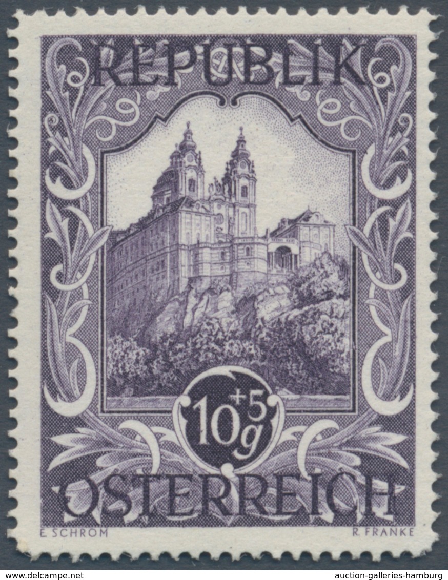 Österreich: 1947, 10 Gr. + 5 Gr. "Kunstausstellung", 18 verschiedene Farbproben in Linienzähnung 14½