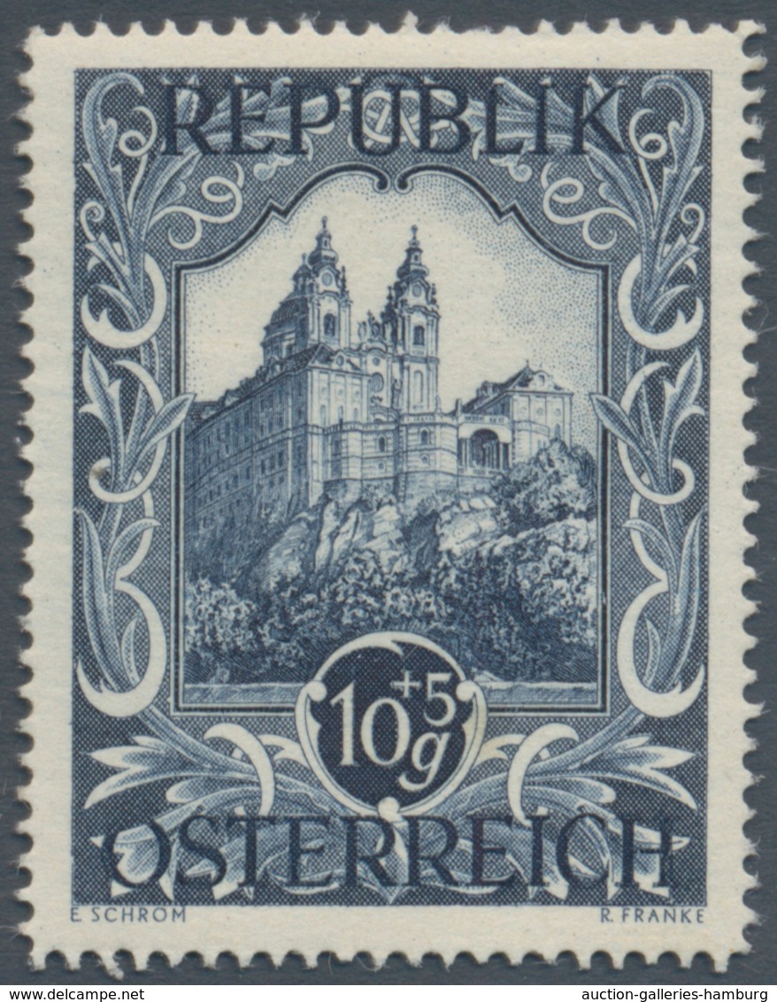 Österreich: 1947, 10 Gr. + 5 Gr. "Kunstausstellung", 18 verschiedene Farbproben in Linienzähnung 14½