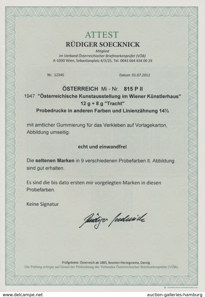 Österreich: 1947, 12 Gr. + 8 Gr. "Kunstausstellung", 18 verschiedene Farbproben in Linienzähnung 14½