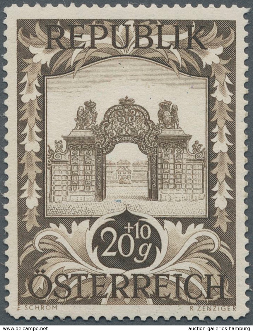 Österreich: 1947, 20 Gr. + 10 Gr. "Kunstausstellung", 21 (meist) verschiedene Farbproben in Linienzä