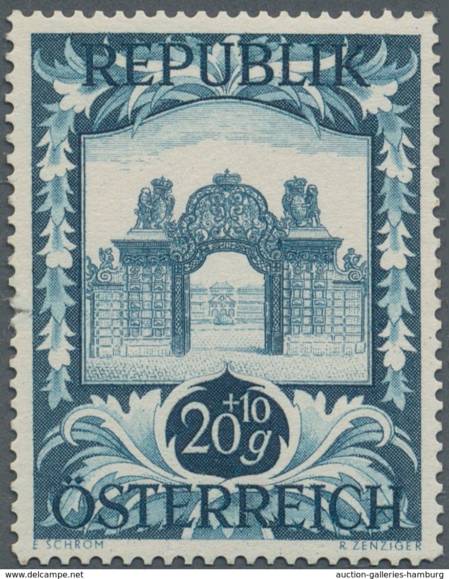 Österreich: 1947, 20 Gr. + 10 Gr. "Kunstausstellung", 21 (meist) verschiedene Farbproben in Linienzä