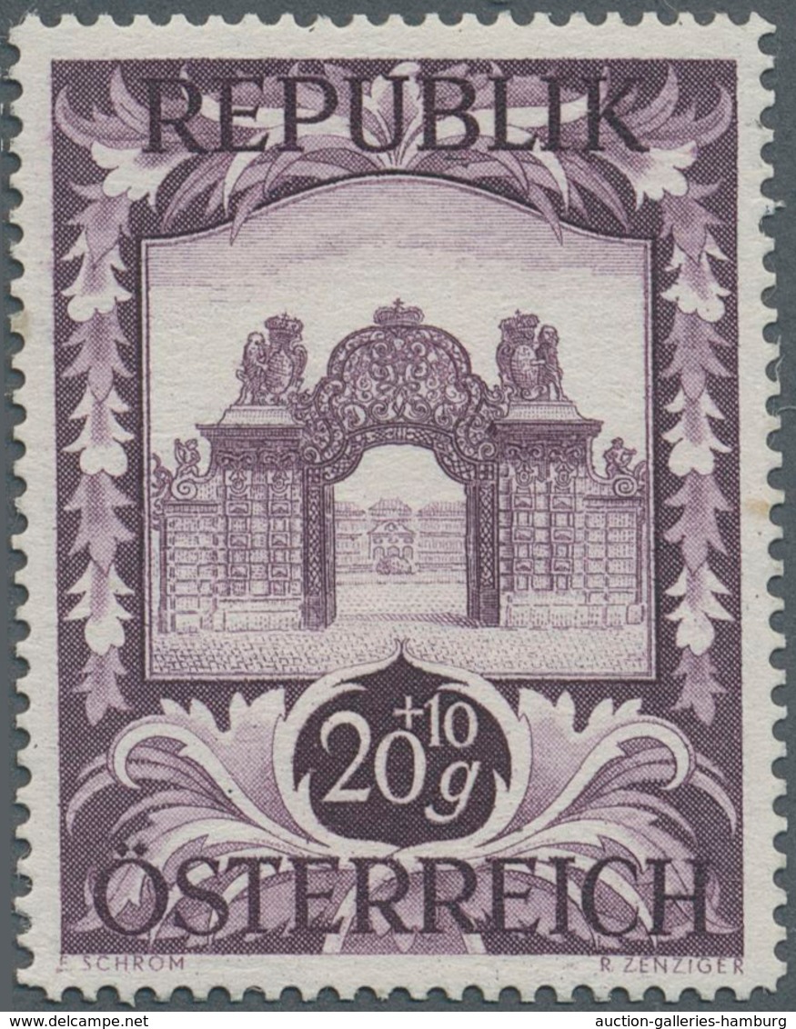 Österreich: 1947, 20 Gr. + 10 Gr. "Kunstausstellung", 21 (meist) verschiedene Farbproben in Linienzä