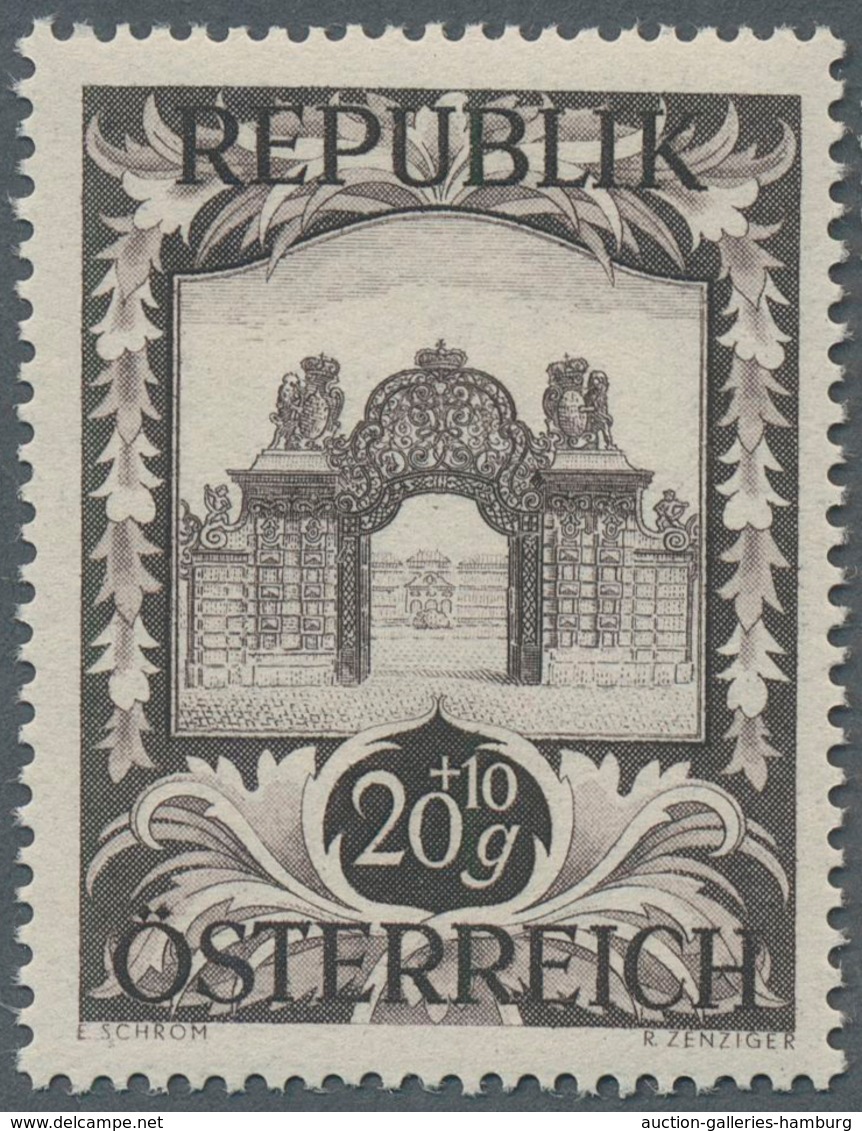 Österreich: 1947, 20 Gr. + 10 Gr. "Kunstausstellung", 21 (meist) verschiedene Farbproben in Linienzä