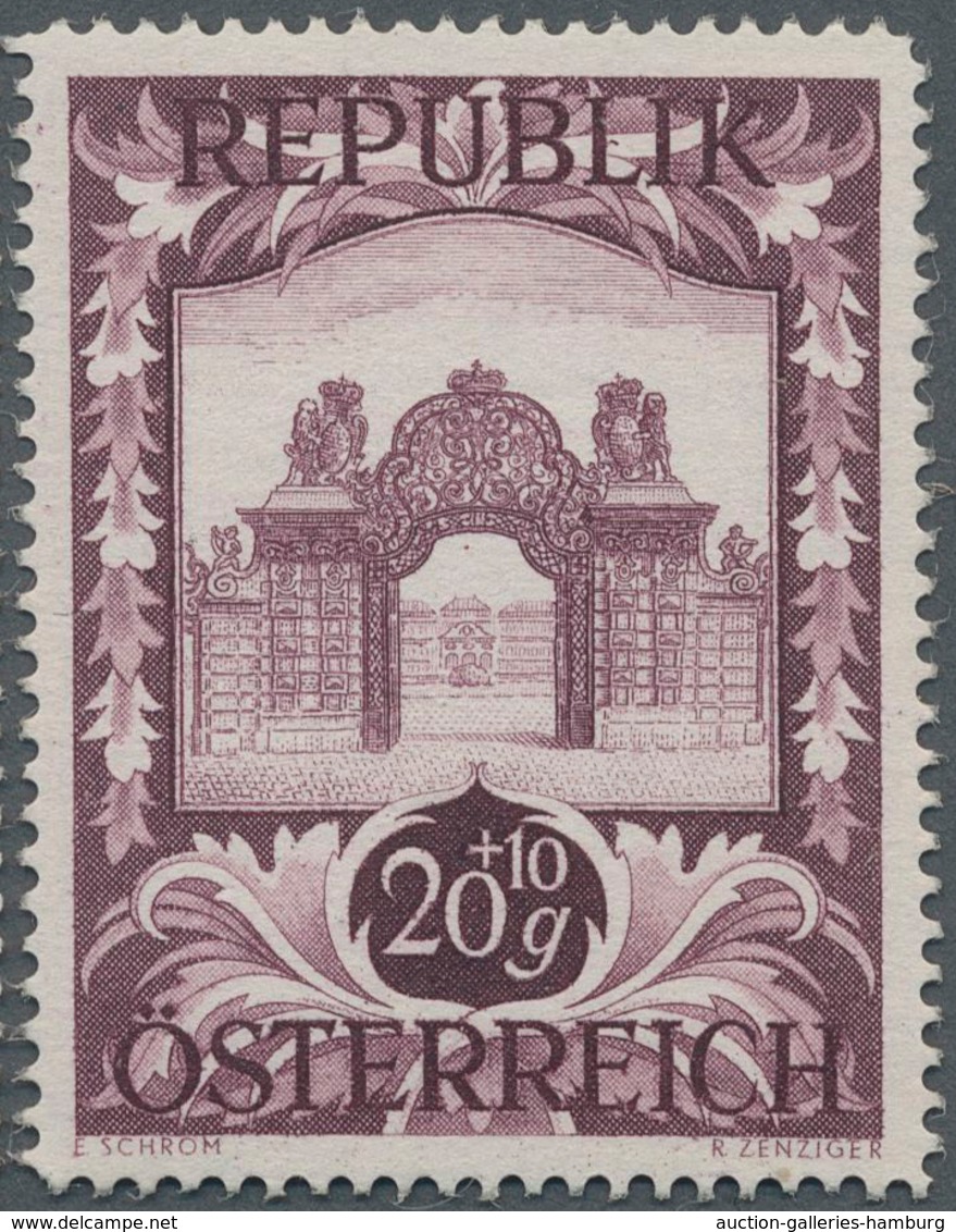 Österreich: 1947, 20 Gr. + 10 Gr. "Kunstausstellung", 21 (meist) verschiedene Farbproben in Linienzä