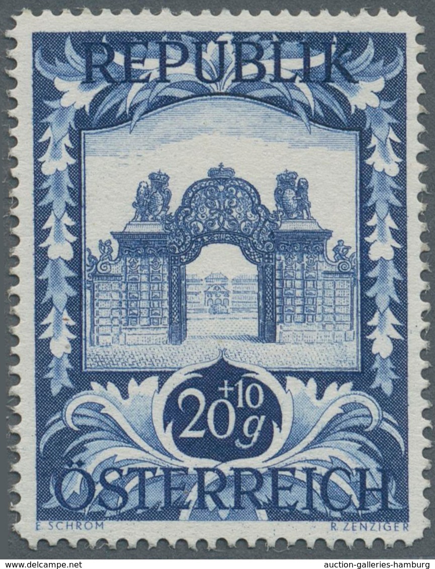 Österreich: 1947, 20 Gr. + 10 Gr. "Kunstausstellung", 21 (meist) verschiedene Farbproben in Linienzä