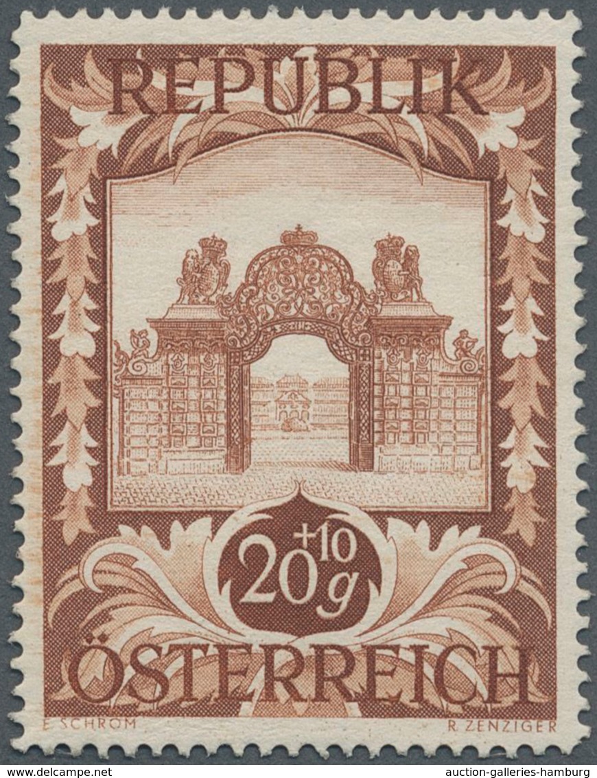 Österreich: 1947, 20 Gr. + 10 Gr. "Kunstausstellung", 21 (meist) verschiedene Farbproben in Linienzä