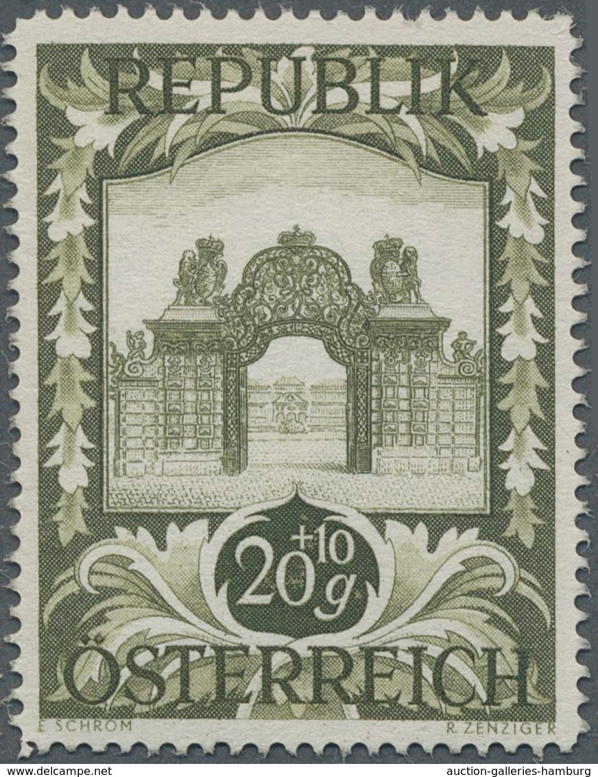 Österreich: 1947, 20 Gr. + 10 Gr. "Kunstausstellung", 21 (meist) verschiedene Farbproben in Linienzä