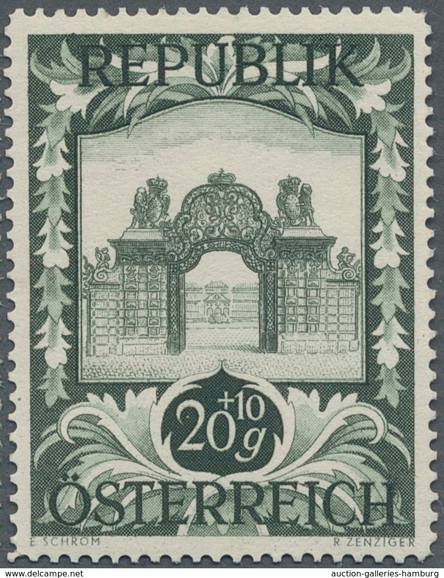 Österreich: 1947, 20 Gr. + 10 Gr. "Kunstausstellung", 21 (meist) verschiedene Farbproben in Linienzä