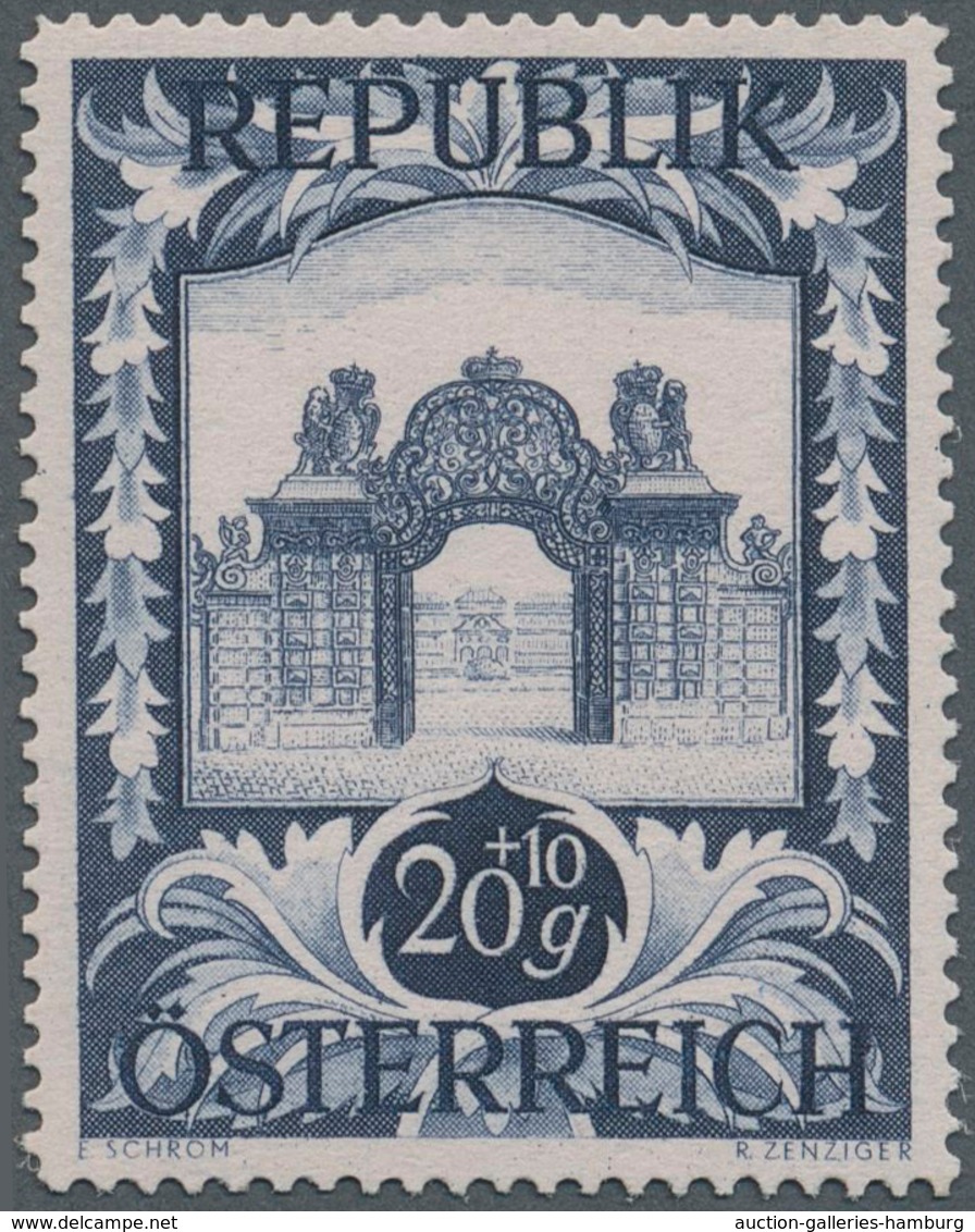 Österreich: 1947, 20 Gr. + 10 Gr. "Kunstausstellung", 18 (meist) verschiedene Farbproben in Linienzä