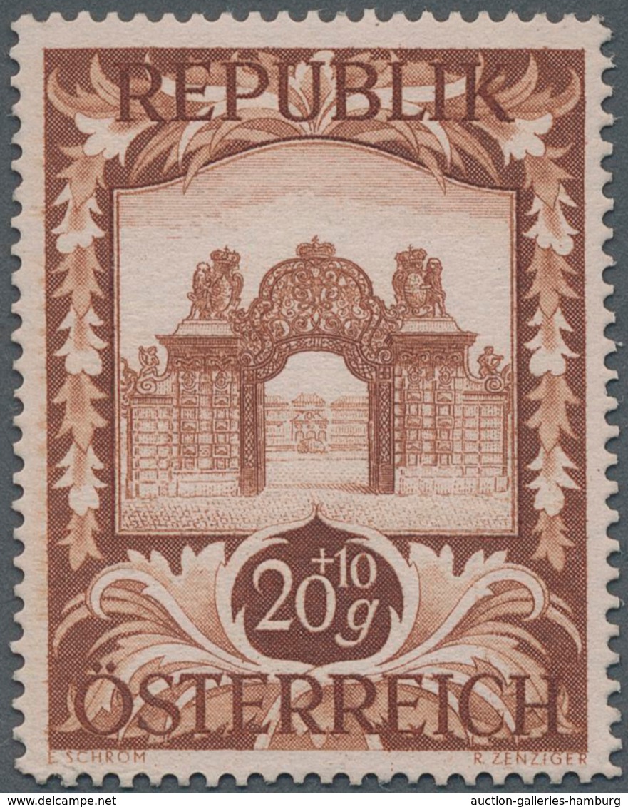 Österreich: 1947, 20 Gr. + 10 Gr. "Kunstausstellung", 18 (meist) verschiedene Farbproben in Linienzä