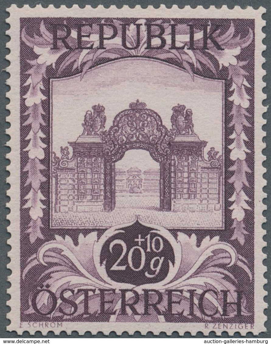 Österreich: 1947, 20 Gr. + 10 Gr. "Kunstausstellung", 18 (meist) verschiedene Farbproben in Linienzä