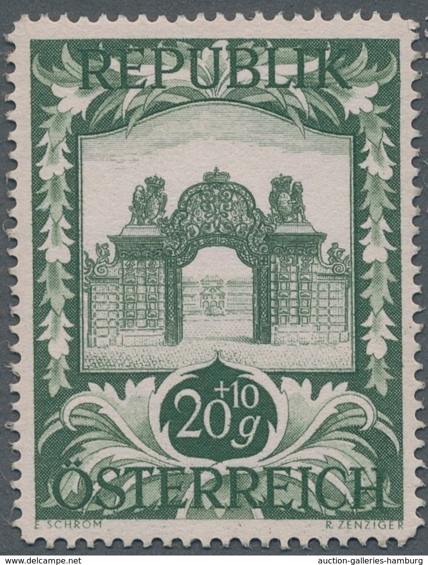 Österreich: 1947, 20 Gr. + 10 Gr. "Kunstausstellung", 18 (meist) verschiedene Farbproben in Linienzä