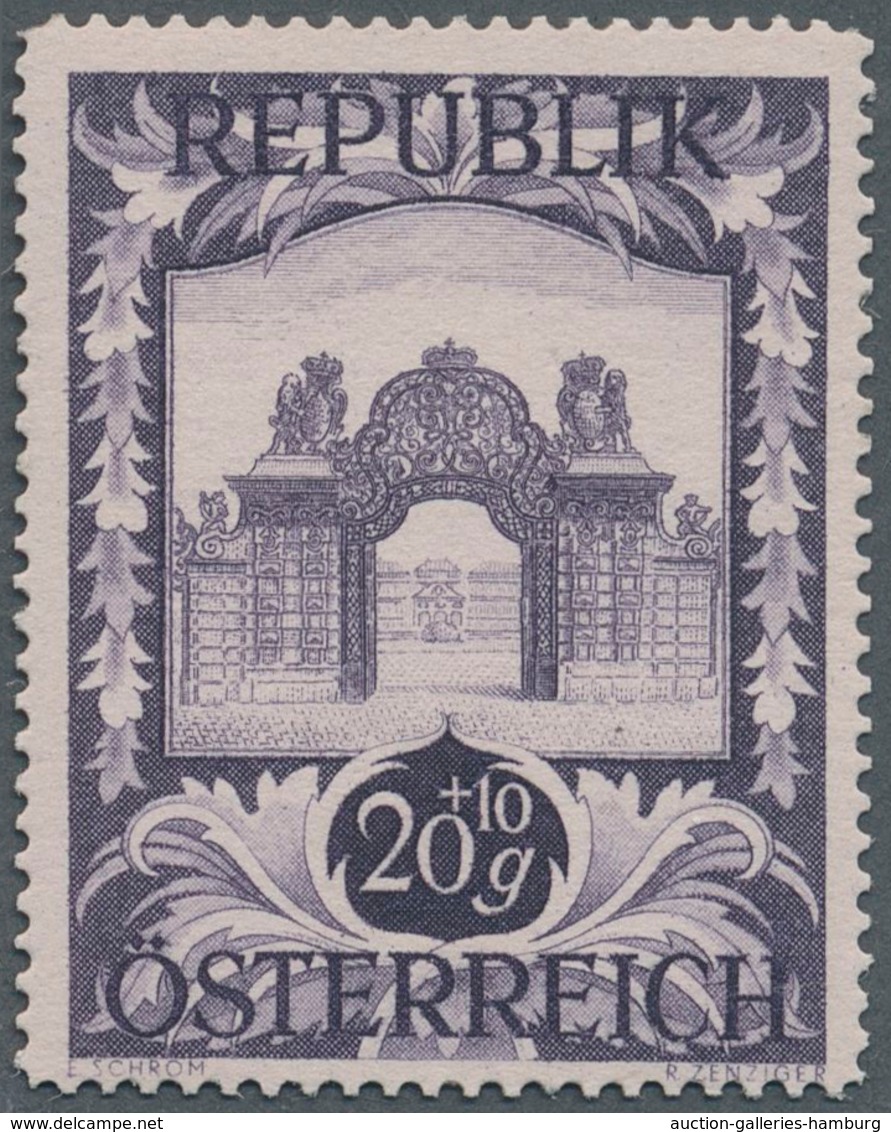 Österreich: 1947, 20 Gr. + 10 Gr. "Kunstausstellung", 18 (meist) verschiedene Farbproben in Linienzä