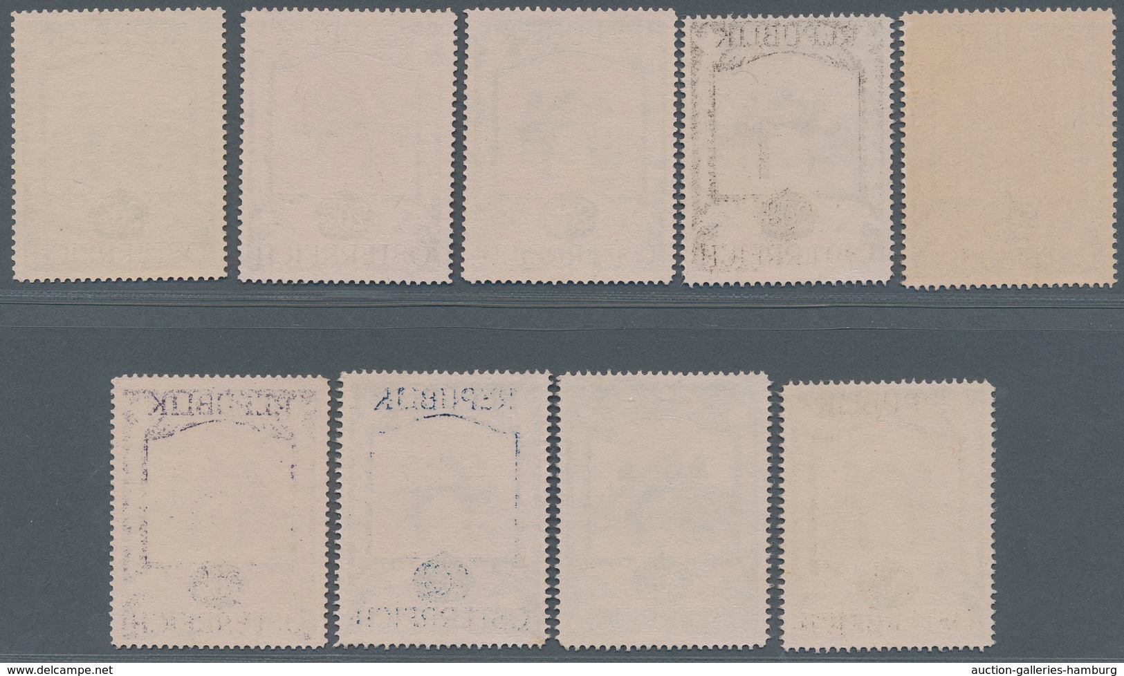 Österreich: 1947, 20 Gr. + 10 Gr. "Kunstausstellung", 18 (meist) verschiedene Farbproben in Linienzä