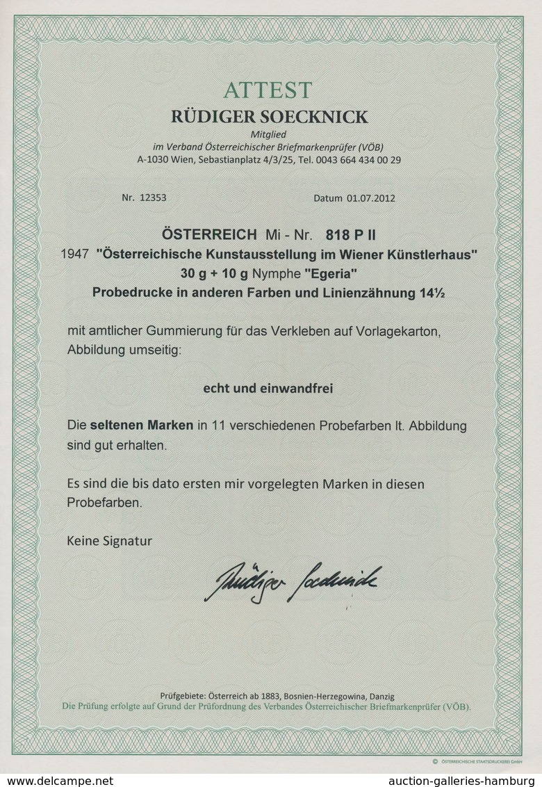 Österreich: 1947, 30 Gr. + 10 Gr. "Kunstausstellung", 22 verschiedene Farbproben in Linienzähnung 14