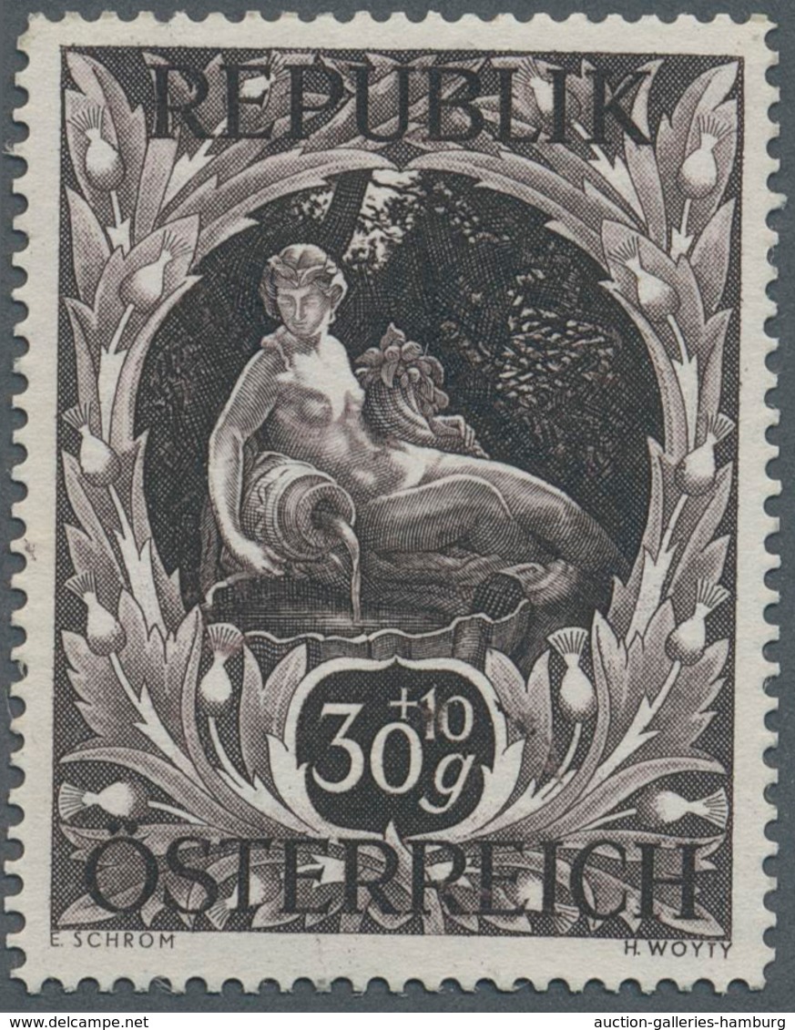 Österreich: 1947, 30 Gr. + 10 Gr. "Kunstausstellung", 22 verschiedene Farbproben in Linienzähnung 14