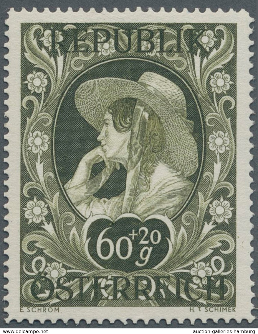 Österreich: 1947, 60 Gr. + 20 Gr. "Kunstausstellung", 18 (meist) verschiedene Farbproben in Linienzä