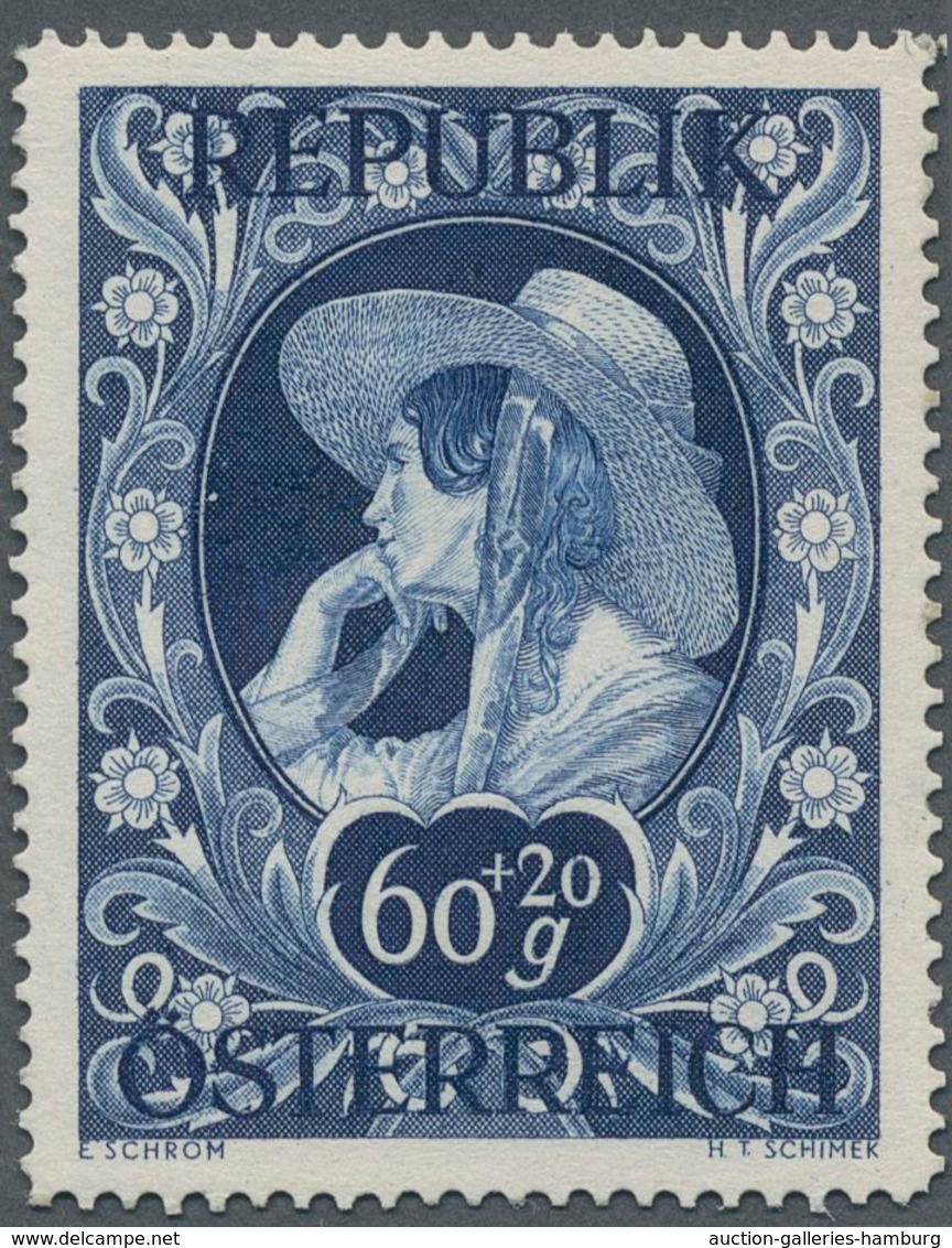 Österreich: 1947, 60 Gr. + 20 Gr. "Kunstausstellung", 18 (meist) verschiedene Farbproben in Linienzä