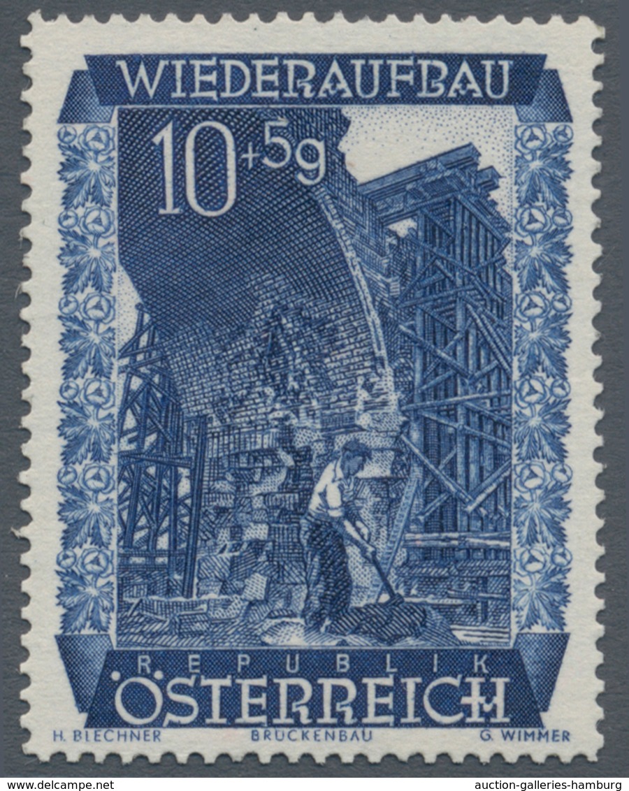 Österreich: 1948, 10 Gr. + 5 Gr. "Wiederaufbau", 16 (meist) verschiedene Farbproben in Linienzähnung