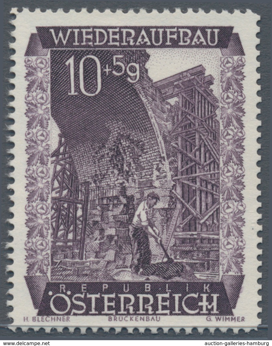 Österreich: 1948, 10 Gr. + 5 Gr. "Wiederaufbau", 16 (meist) verschiedene Farbproben in Linienzähnung
